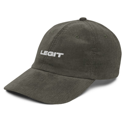 LEGIT, text, type, hat, dad hat, corduroy, cozy, design. front right side view of olive hat on white background