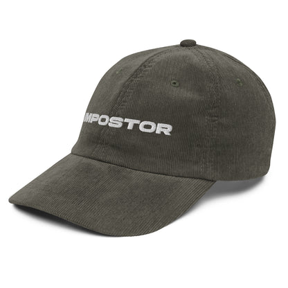 IMPOSTOR, text, type, hat, dad hat, corduroy, cozy, design. front right side view of olive hat on white background