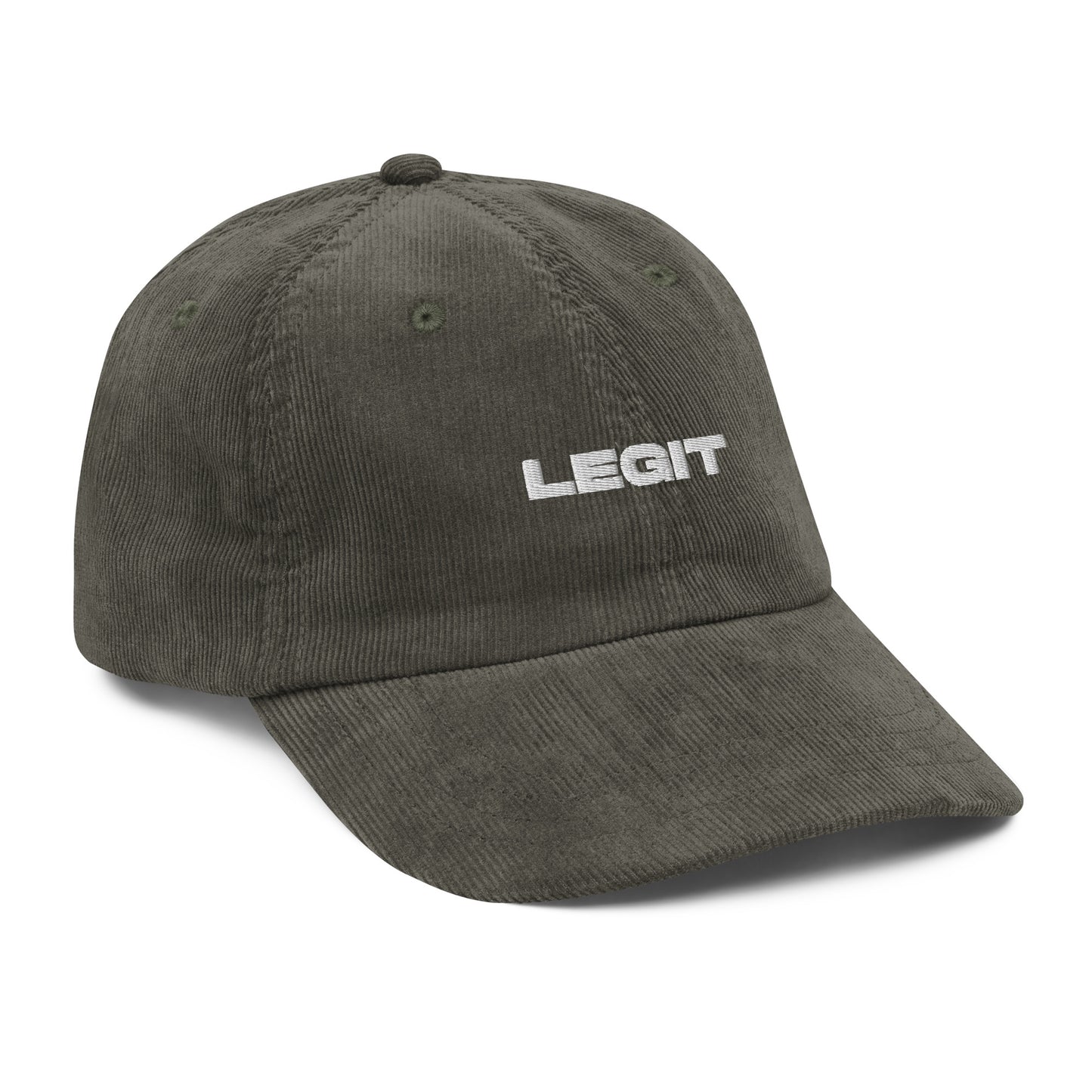 LEGIT, text, type, hat, dad hat, corduroy, cozy, design. front left side view of olive hat on white background