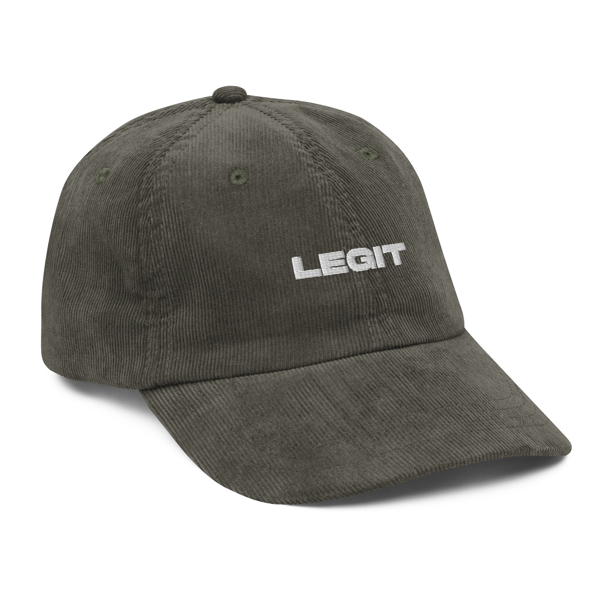 LEGIT, text, type, hat, dad hat, corduroy, cozy, design. front left side view of olive hat on white background